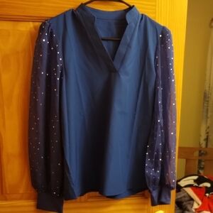 Elegant Blue Women's Top with Sheer Sleeves